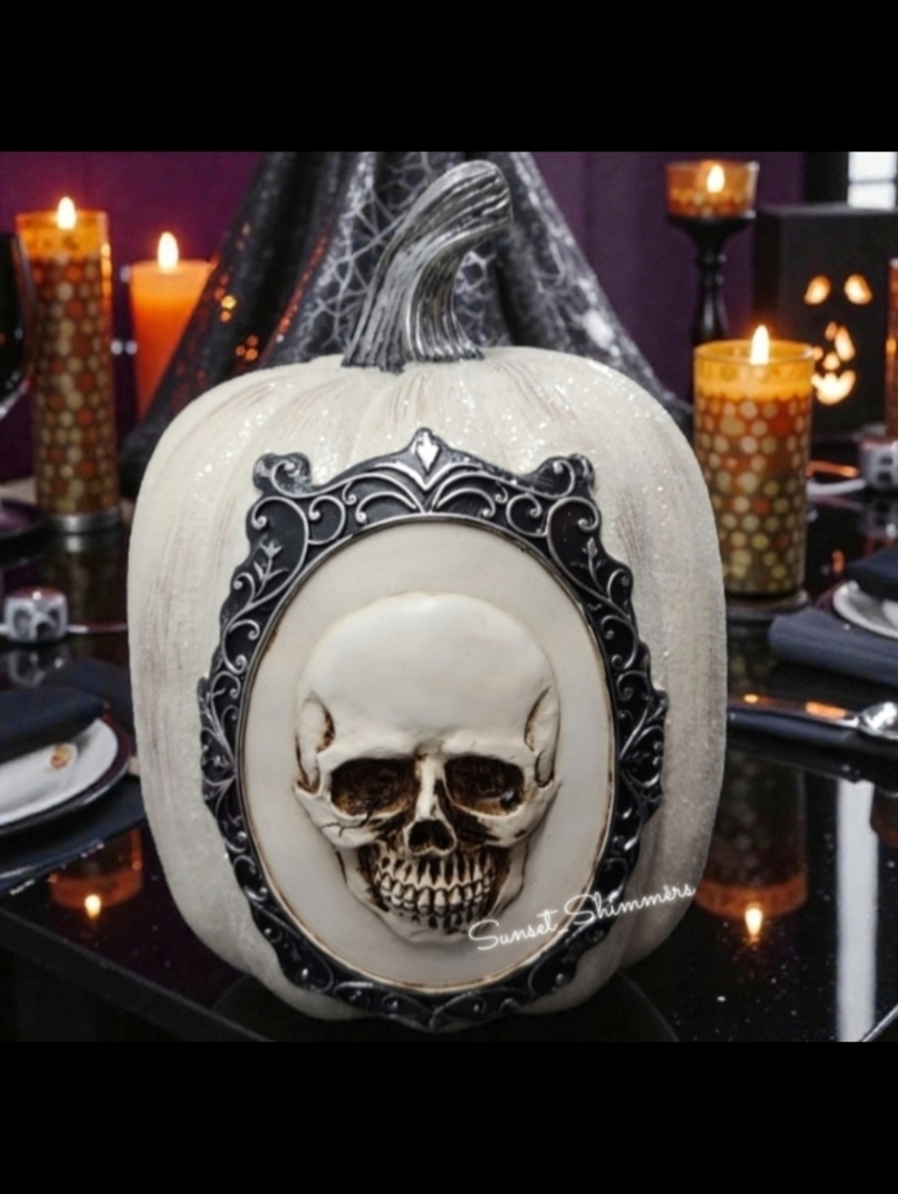 Sparkly White Pumpkin Gothic Framed 3D Skeleton Skull Head Halloween Day Of Dead